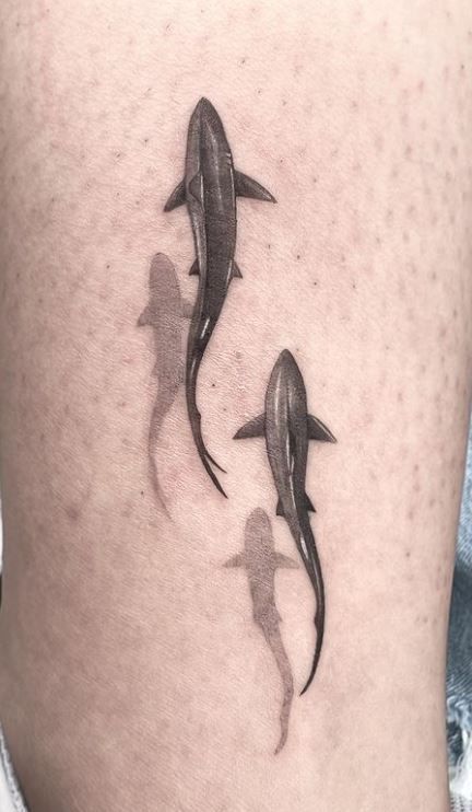 Shark Jaws Tattoo, Small Shark Tattoo, Ocean Theme Tattoos, Shark Tattoo Ideas, Whale Shark Tattoo, Hai Tattoo, Marine Tattoo, Swimming Tattoo, Shadow Tattoo