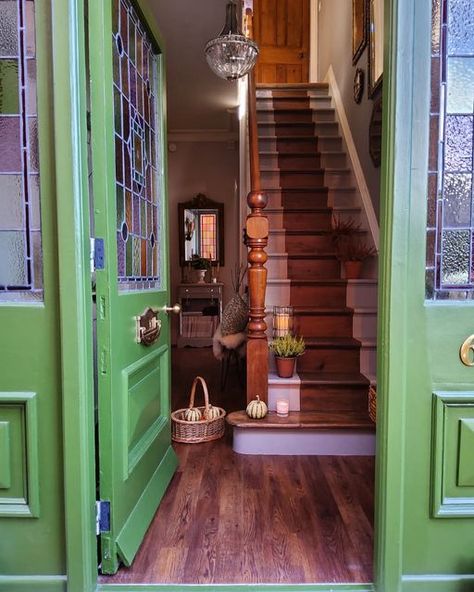 Victorian Front Door Colours, Bright Coloured Front Door, Green Edwardian Front Door, Frenchic Wise Old Sage Front Door, Front Doors Ireland, Solidor Door Chartwell Green, Victorian Front Door, Green Front Door, Pale Sage Green