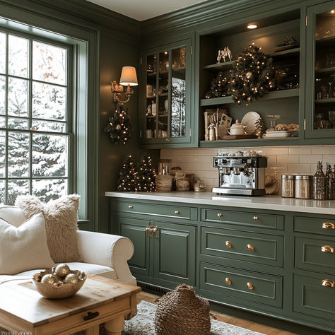 Green and White Christmas Decor Ideas Green Coffee Bar Cabinet, Brown And Green Christmas Decor, Green Coffee Bar, White And Green Christmas Decor, Green And White Christmas Decor, Green Pumpkins, White Christmas Decor Ideas, Green And White Christmas, Green Painted Furniture