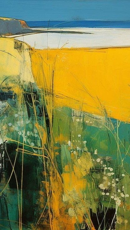 Abstract Landscape Painting Acrylic Tutorial, Collage Nature, Scottish Flowers, Yellow Artwork, Berwick Upon Tweed, Scottish Painting, Colorful Landscape Paintings, Abstract Landscape Art, Abstract Impressionism