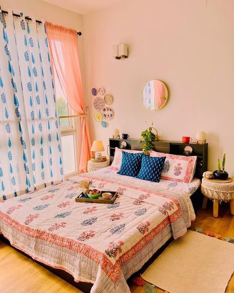 Peach Curtains Bedroom, Bedsheet Color Combination, Indian Bedroom Color Combination, Macrame Stool, Bedsheet Ideas, Peach Curtains, Bedroom Indian, Curtains Style, Have A Wonderful Week