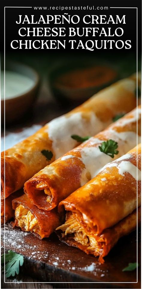 These Jalapeño Cream Cheese Buffalo Chicken Taquitos are the perfect combination of spicy buffalo sauce, creamy cheese, and crispy tortillas. With a kick from pickled jalapeños and the rich, savory filling, these taquitos are a crowd-pleasing appetizer or meal that's ready in under 40 minutes. Cream Cheese Buffalo Chicken, Spicy Buffalo Sauce, Buffalo Chicken Taquitos, Cream Cheese Wontons, Chicken Taquitos, Crowd Pleasing Appetizers, Quick Weeknight Meals, Buffalo Sauce, Creamy Cheese