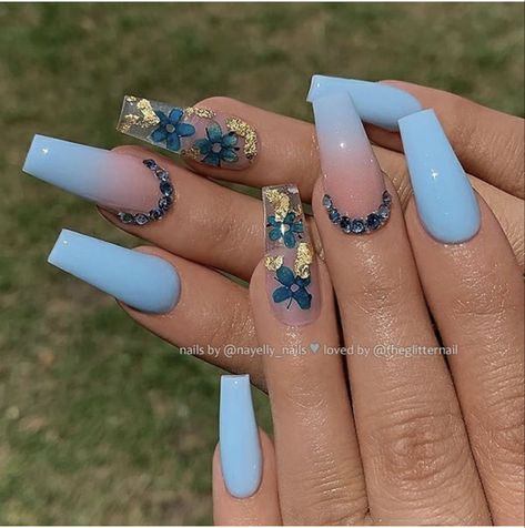 Nail Ideas Art, Nails Sky Blue, Nails Pink Ombre, Ombre Nails Pink, Baby Blue Acrylic Nails, Ombre Nail Design, Clear Glitter Nails, Ballerina Nails Shape, Chunky Glitter Nails