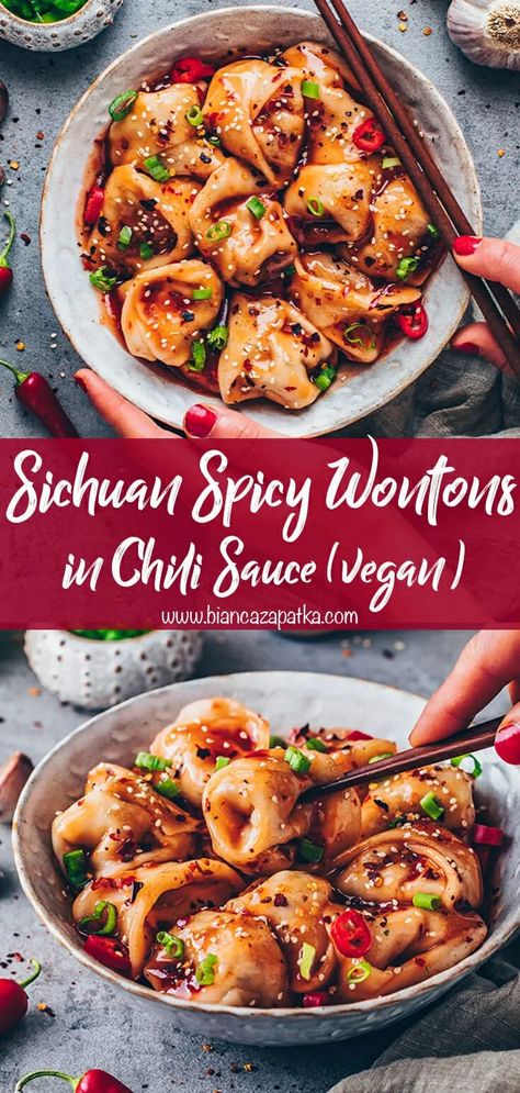 Sichuan Wontons, Spicy Wontons, Vegetarian Dumpling, Vegetarian Asian, Recipes Chinese, Vegan Dumplings, Vegan Chinese, Vegan Asian Recipes, Wonton Recipes