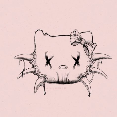 Creepy Hello Kitty, Tatuaje Hello Kitty, Hello Kitty Tattoo, Gothic Drawings, Kitty Tattoo, Scary Drawings, Blue Rose Tattoos, Goth Tattoo, Hello Kitty Tattoos