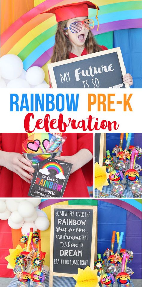 Rainbow Pre-K Graduation Celebration | We are "Over the Rainbow" in love with this Pre-K Graduation idea! Parents, students, and teachers will love celebrating the end of a fun year in Pre-K with this adorable Rainbow Graduation Celebration idea. #party #diy #celebration #prek #graduation #rainbow #decor #school #preschool Preschool Graduation Decorations, Preschool Graduation Theme, Vpk Graduation, Kindergarden Graduation, Graduation Activities, Preschool Graduation Gifts, Preschool Graduation Party, Kindergarten Graduation Party, Pre K Graduation