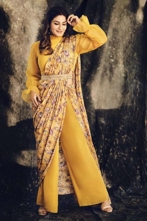 Yellow Crepe Floral Printed Pant Saree with Blouse and Belt Saree Outfit, Pant Saree, Palazzo Dress, Raveena Tandon, Saree Blouse Neck Designs, Western Wear Outfits, 17 December, Casual Indian Fashion, Indo Western Dress