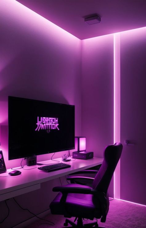 Create a purple aesthetic gaming bedroom by incorporating a sleek gaming desk with LED lights and a matching gaming chair. Add a splash of color with a neon purple wall decal and hang string lights behind your monitor for an immersive gaming experience. Aesthetic Gaming Bedroom, Desk With Led Lights, Aesthetic Gaming, Gaming Bedroom, Purple Wall, Purple Walls, Neon Purple, Gaming Desk, Matching Games