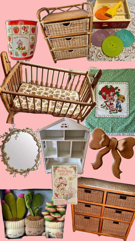 Vintage, strawberry shortcake, rattan, eclectic Strawberry Shortcake Nursery, Eclectic Baby Nursery, Baby Boy Nursey, Baby Room Themes, Vintage Strawberry Shortcake, Dream Nurseries, Vintage Strawberry, Nursery Inspo, Vintage Nursery