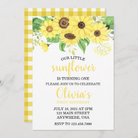 $2.98 | Sunflower Floral Summer First Birthday #sunflower #firstbirthday #floral #flowers #summer #spring #yellow #plaid #sunflowers #birthdayinvite Summer First Birthday Party, Sunflower First Birthday, Summer First Birthday, Birthday Sunflower, Summer Birthday Invitations, Spring Yellow, Spring Birthday, Birthday Party Invites, Sweet 16 Invitations