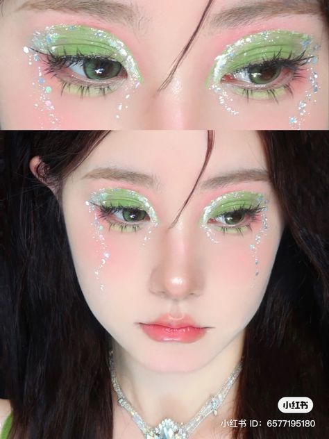 Nct Dream Makeup, Green Douyin Makeup, Nct Makeup, Flower Fairy Makeup, Green And Purple Makeup, Green And Pink Makeup, Green Prom Makeup, Pink And Green Makeup, Fairy Core Makeup