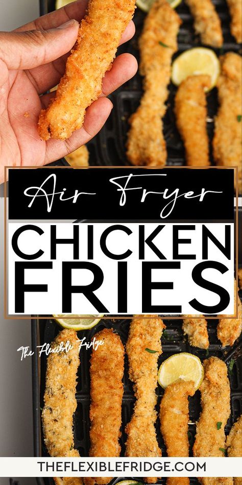 Air fryer chicken fries are a quick and easy way to get your fried chicken and fries fix in one! These crispy chicken strips are coated in a seasoned breading and cooked to perfection in the air fryer. You can serve them with your favorite dipping sauce for a delicious snack or meal. | @TheFlexibleFridge #bestairfryerchickenfriesrecipe #easychickenfriesrecipe #bestairfryerrecipes #howtomakechickenfries #crispychickenfriesrecipe Chicken Fries In The Air Fryer, Air Fryer Fried Chicken No Buttermilk, Air Fry Chicken Tenders No Breading, Air Fryer Crinkle French Fries Frozen, Frozen Curly Fries In Air Fryer, 20 Minute Dinners, Air Fryer Chicken Wings, Shredded Chicken Recipes, Meal Planning Template