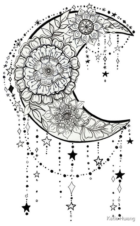 "Floral Moon and Dangling Stars: moon-struck" by Katie Hwang | Redbubble Sun Moon Coloring Pages, Sun And Moon Mandala Drawing, Moon And Stars Doodle, Sun And Moon Coloring Pages, Pretty Coloring Pages, Moon Zentangle, Sun And Moon Mandala, Sun Coloring Pages, Moon Stars Art