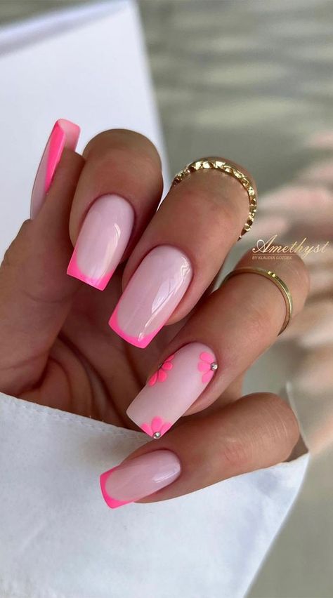 pink nails, light pink nails, pink nude nails, pink nails designs, pink nail ideas, hot pink nails, pink nail colors, pick n mix pink nails Bright Pink French Tips, French Tips With Flowers, Pink French Tips, Do It Yourself Nails, Pink Nail Ideas, Purple Nail Art Designs, Bright Summer Nails Designs, Bright Pink Nails, Neon Pink Nails