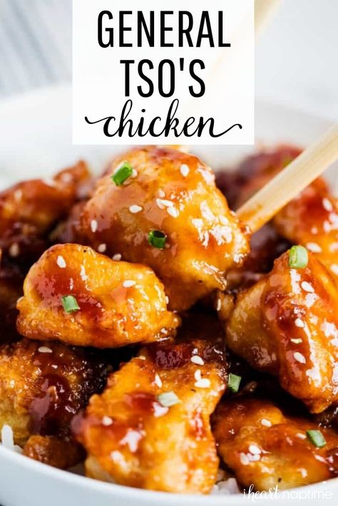 Skip the takeout and make this delicious General Tso's Chicken at home! You'll fall in love with the sweet and spicy General Tso sauce poured over the crispy, juicy chicken. This is truly a restaurant-style recipe! #chicken #chickenfoodrecipes #chickenrecipes #chickendinner #chinesefoodrecipes #chinese #dinner #dinnerrecipes #dinnerideas #recipes #iheartnaptime General Tso Sauce, General Tso's Chicken, Wallpaper Food, Restaurant Style Recipes, Chinese Chicken Recipes, Tso Chicken, General Tso Chicken, Authentic Chinese Recipes, General Tso