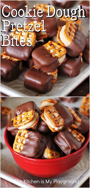 Cookie Dough Pretzel Bites ~ Edible chocolate chip cookie dough is sandwiched between pretzel snaps & dipped in chocolate to create these amazingly tasty bites. They're perfectly delicious for parties or great as a gift from the kitchen! www.thekitchenismyplayground.com Buckeye Pretzels, Pretzel Snaps, Edible Chocolate Chip Cookie Dough, Peanut Butter Buckeyes, Cookie Dough Filling, Cake Pizza, Christmas Baking Cookies, Raw Cookie Dough, Pizza Sandwich