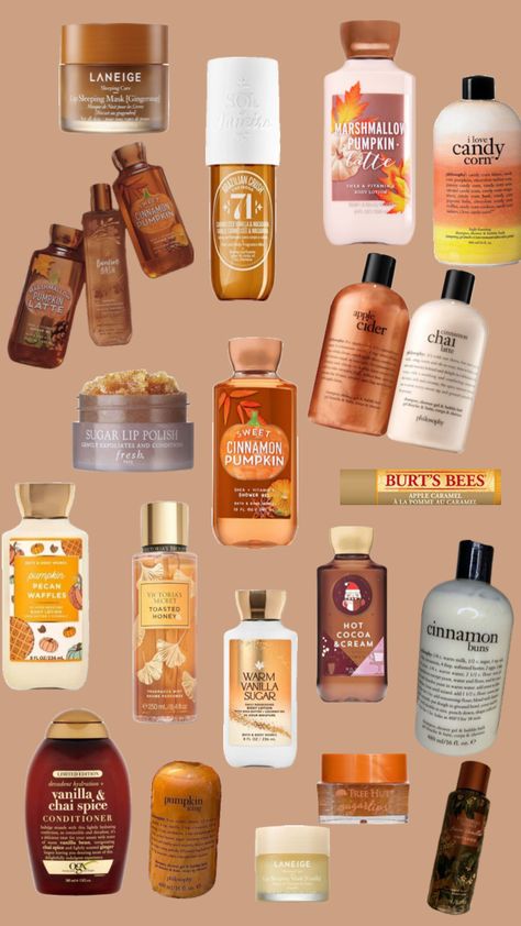 Fall Lotion Scents, Fall Shower Products, Fall Body Care Routine, Pumpkin Body Care, Fall Body Wash, Bath And Body Works Fall Scents, How To Smell Like Fall, Fall Routine Ideas, Fall Body Care