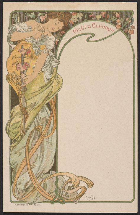 Alphonse  Mucha (Czechoslovakian, 1860 - 1939 )Advertisement Postcard.1899.Альфонс Муха (Чехословацкий, 1860-1939)Рекламная открытка.1899. 阿方斯-慕夏（捷克斯洛伐克，1860 - 1939年） 广告明信片。1899年。 Alfons Maria Mucha, Moët Chandon, Alphonse Mucha Art, Edmund Dulac, Art Deco Artwork, Mucha Art, Walter Crane, Alfons Mucha, Art Nouveau Illustration