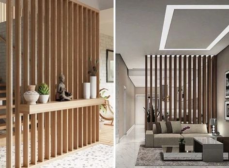 4. Wooden slats rafter partition design Wood Divider Wall Interior Design, Wood Divider Wall, Wood Divider, Partition Designs, Space Dividers, Wall Interior, Interior Design Work, Divider Wall, Partition Design