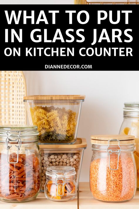 What To Put In Glass Jars On Kitchen Counter Jars On Kitchen Counter, What To Put In Jars, Kitchen Canisters On Counter Display, Kitchen Jars Decor Display, Glass Jars Kitchen Counter, What To Put In Glass Jars, Kitchen Jars Decor, Decorative Kitchen Canisters, Kitchen Cannisters