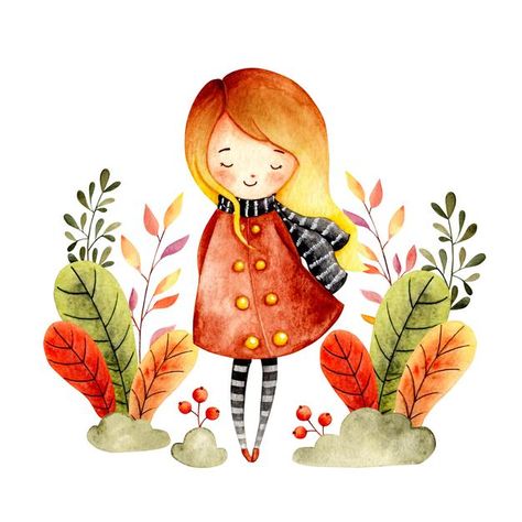 Premium Vector | Watercolor autumn girl with leaves Autumn Illustration Art, Fall Illustration Art, Illustration Art Kids, Autumn Girl, Watercolor Girl, Fall Watercolor, Autumn Painting, Illustration Girl, Art And Illustration