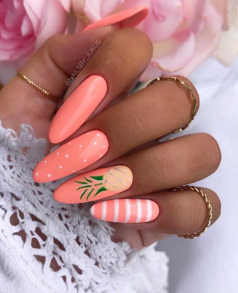 24+ Gorgeous Coral Peach Nails You'll Love for 2023! Summer Nails Oval, Coral Summer Nails, Coral Gel Nails, Peach Nail Art, Peach Colored Nails, Nail Ideas For Summer, Pineapple Nails, Shiny Nails Designs, Color Block Nails