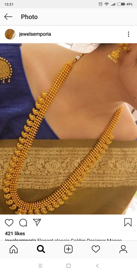 20 Grams Gold Long Necklace Designs, Laxmi Haar Gold Necklaces, Mango Haaram Designs Gold, Raani Haar Gold Jewellery Designs, Long Chain Necklace Gold Indian, Long Chains Indian Gold, Gold Haram Designs Indian, 50grams Gold Haram, Gold Haram Designs