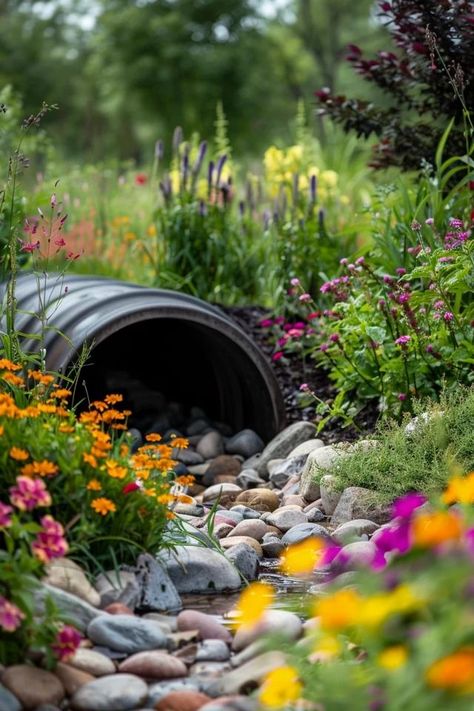 Culvert Landscaping Ideas for Stunning Yards Diy Culvert Ideas, Runoff Landscaping, Garden Drainage Solutions, Culvert Landscaping Ideas Drainage Ditch, Backyard Drainage Ideas, Culvert Landscaping Ideas, Culverts Ideas, Ditch Landscaping, Drainage Solutions Landscaping