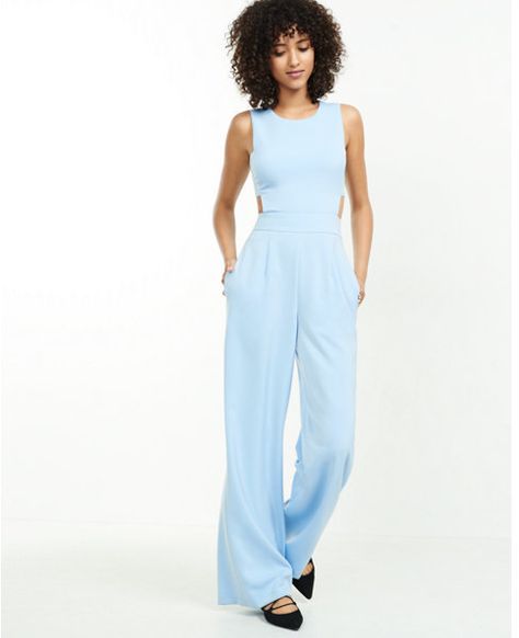 EXPRESS LIGHT BLUE OPEN BACK JUMPSUIT Blue Formal Jumpsuit, Blue Jumpsuits Outfit, Jumpsuits Outfit, Jumpsuit Outfit Wedding, Light Blue Jumpsuit, Blue Wedding Guest Dresses, Open Back Jumpsuit, Maxon Schreave, Recruitment Outfits