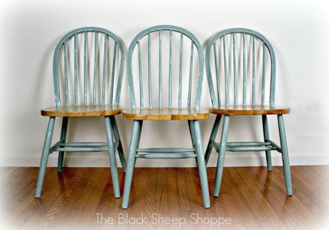 Three chairs painted in coastal cottage style Painting Chairs, Create Budget, Refinished Chairs, Painted Wooden Chairs, Painted Wood Chairs, Budget Friendly Home Decor, Blue Painted Furniture, Chair Redo, Painted Dining Chairs