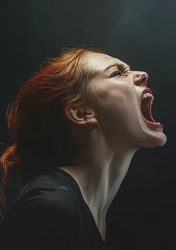 ↑↑↑ Larger size on website 🔸 A woman with long, red hair is screaming with her mouth wide open and her eyes squeezed shut. Her he Woman Screaming Side Profile, People Emotions Faces, Angry Women Reference, Screaming Woman Reference, Woman With Mouth Open, Weird Face Expressions, Woman Hunched Over, Faces With Emotion, Faces Reference Expression