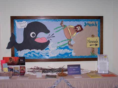 Jonah and the Whale Jonah And The Whale Decorations For Vbs, Jonah Bulletin Board, Jonah And The Whale Bulletin Board, Jonah Vbs, Toddler Bible Study, Whale Room, Kids Church Decor, Toddler Bible, Vbs Decorations