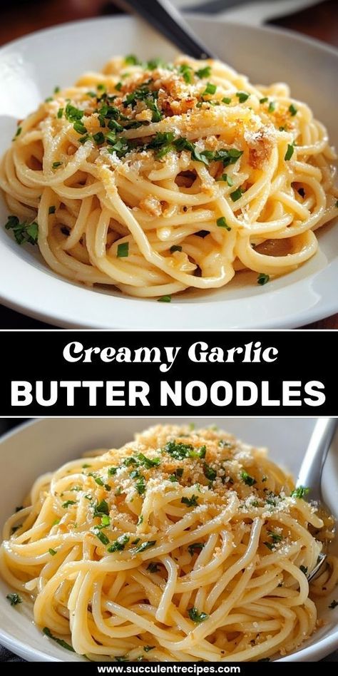 Simple, creamy, and full of flavor, these garlic butter noodles make the perfect side dish or quick meal. Spaghetti Noodle Side Dish, Cheesy Garlic Butter Noodles, Creamy Garlic Butter Noodles, Cowboy Butter Noodles, Crockpot Butter Noodles, Easy Noodle Dishes, Side Dishes For Pasta Meals, Noodle Side Dish Recipes, Italian Noodle Recipes