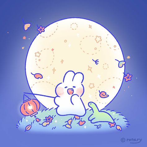 Rabbit Moon Illustration, Cute Korean Icons, Full Moon Drawing, Lovely Mongmong, Rabbit In The Moon, Moon Bunny, Mobil Mustang, Bunny Drawing, Cute Kawaii Animals