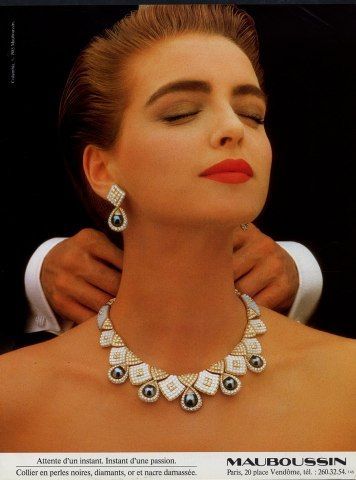 Mauboussin 1985 Parure Vintage Jewelry Ad-1980s Fashion, 80s, Vintage Necklace, Vintage Earrings #1980s #80s #jewelry #necklace #earrings #1980sstyle #vintagead 80s Necklaces, 1980 Jewelry, 80s Ads, Jewelry Ad, 1970s Jewelry, 80s Jewelry, 1980s Jewelry, Fashion 80s, Glamour Photo