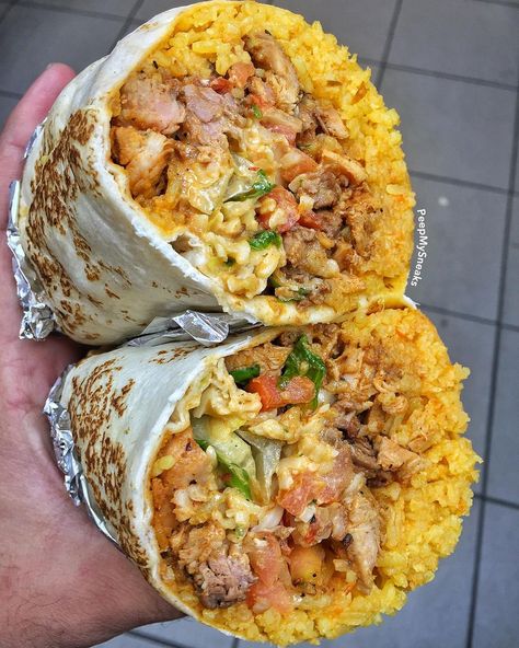 This Burrito So Big is Could Prolly Feed a Small Village or Just Me, A Real Hungry Dude!  Chicken & Steak Burrito w/ Spanish Yellow Rice, Pico De Gallo, Shredded Mozzarella Cheese, Homemade Chipotle & Tomatillo Sauce!#PeepMyEats #BellyBoner #TryNotToEatYourPhone Resep Starbuck, Food Goals, Food Obsession, Pretty Food, Food Cravings, Burritos, I Love Food, Amazing Food, Soul Food