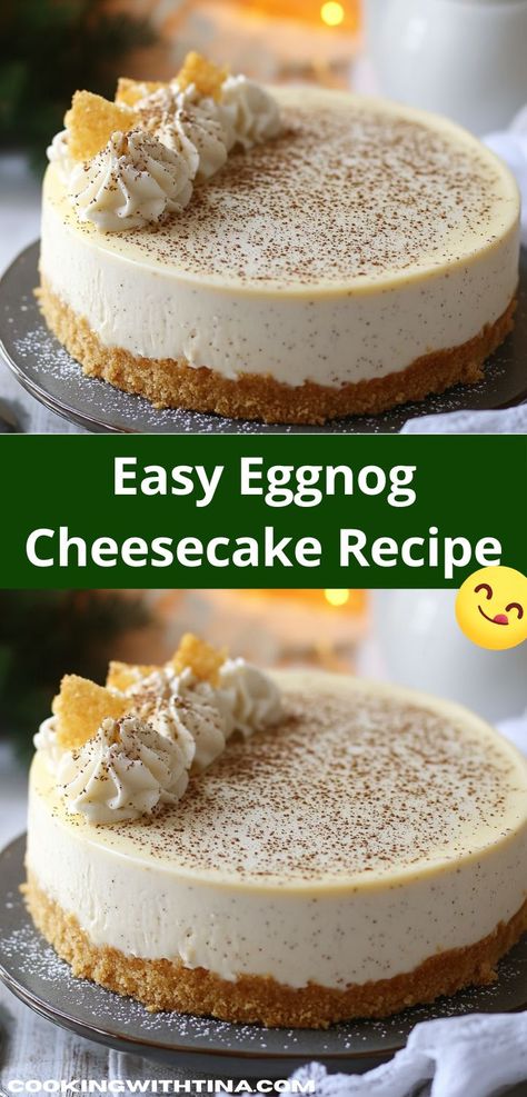 Discover a dessert that captures the essence of the season! This Eggnog Cheesecake Recipe boasts a luscious flavor that combines traditional eggnog spices, creating a memorable sweet treat for festive occasions. Easy Eggnog Cheesecake, Eggnog Cheesecake Recipe, Spiced Eggnog, Easy Eggnog, Creamy Eggnog, Eggnog Cheesecake, Christmas Cheesecake, Festive Desserts, Rich Desserts