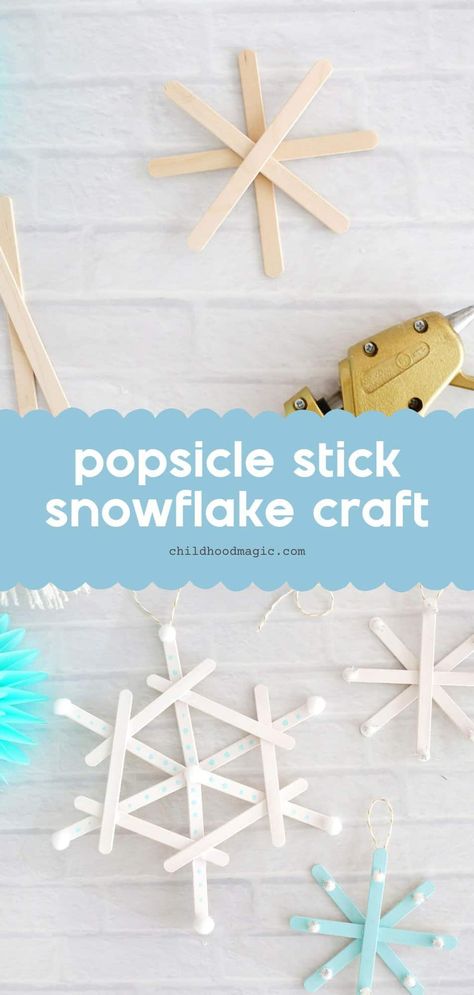 Popsicle Stick Snowflake Ornament Craft (Winter Craft Idea!) - Childhood Magic Popsicle Stick Holiday Crafts, Toddler Christmas Crafts Popsicle Sticks, Snowflake Ornaments Diy Kids, Stick Snowflakes Diy, Popsicle Stick Winter Crafts, Winter Popsicle Stick Crafts, Snowflake Popsicle Sticks, Popsicle Stick Ornaments Kids, Popstick Craft Diy