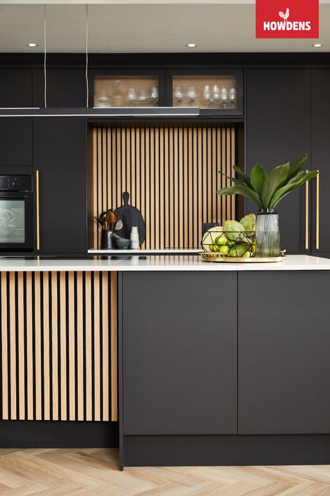 Modern Urban Kitchen Design, Black And Wooden Kitchen Modern, Charcoal And Oak Kitchen, Matt Black And Wood Kitchen, Black Kitchen Brass Hardware, Black And Wood Kitchen Cabinets Modern, Mid Century Modern Kitchen Black Cabinets, Black Textured Kitchen Cabinets, Kitchen Island With Paneling