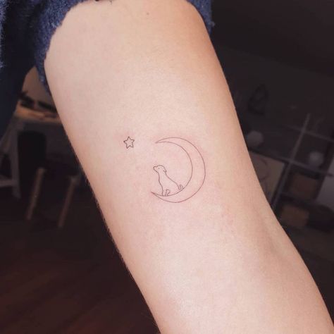 Minimalist dog and moon tattoo on the inner arm. Dog And Stars Tattoo, Dog Luna Tattoo, Luna Word Tattoo, Moon And Paw Tattoo, Dog On The Moon Tattoo, Moon With Dog Tattoo, Sun Dog Tattoo, Dog On Moon Tattoo, Moon And Dog Tattoo