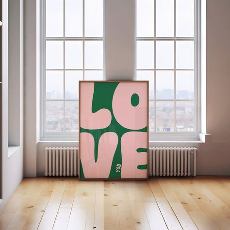 Love You Art Print | Bold Retro Poster Wall Decor | Green and Pink I love you wall art | 💗DIGITAL DOWNLOAD ONLY | Instantly download and print our digital wall art for a quick and affordable way to decorate your space. Our art prints also make excellent gifts, or you can use them as cute and unique wallpapers for your phone! Once purchased, your files will be instantly downloadable via your 'purchases' tab, or through a link sent directly to your email.  💗SIZING INFO:  Your download contains 5 Boho Aesthetic Living Room, Pink Retro Wallpaper, Cool Apartment, Green Wall Decor, Aesthetic Living Room, Apartment Art, Boho Aesthetic, Living Room Wall Decor, Unique Wallpaper