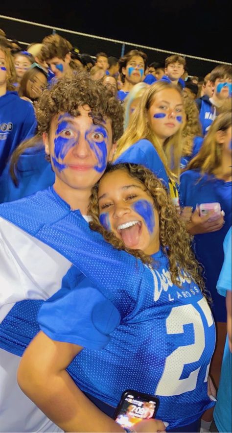 Blue And Gold Football Game Outfit, Blue Football Game Outfit, Blue Out Spirit Week, Couple At Football Game, Blue Out Football Game, Blue Out Football Game Outfit, Fnl Themes, Football Game Outfit Highschool, Sports Day Outfit