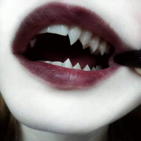 Vampire Fang Aesthetic, Werewolf Teeth, Charlie Hazbin Hotel, Teeth Aesthetic, Witcher Wallpaper, Vampire Lips, Dark Red Lips, Vampire Fangs, Vampire Teeth