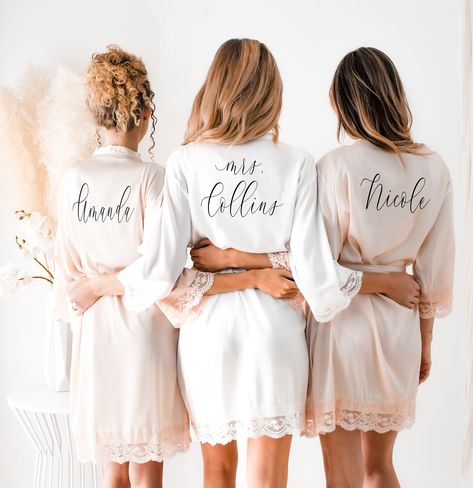 Shop Bridal Robes | Wedding Favorites Personalized Bride Robe, Bridal Robe Lace, Pretty Robes, Bridesmaid Robe Personalized, Photo Checklist, Best Bridesmaid Gifts, Wedding Robes, Girls Robes, Bridal Party Robes