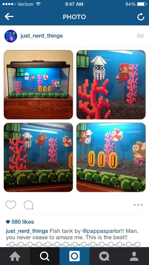 Mario fish tank perler beads Perler Decor, Hama Beads Mario, Perler Bead Mario, Mario Mario, Movie Crafts, Diy Fish Tank, Plastic Lace, Random Crafts, Perler Art