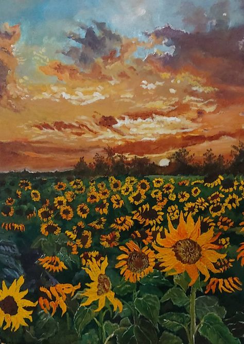 Original Art Oil Paintingmeasuring35.56W x 45.72H x 2.54D cmbyShakila Ananth (IndiaStylesRealismPhotorealismExpressionismSubjectNatureKeywordsSunsetSunflower FieldScenerySunflowerGoldenskyCloudscapeNatureLandscapeThis Oil Painting is one of a kind and once sold will no longer be available to purchaseBuy art at Saatchi Art. Sunflower Sunset Painting, Sunflower Fields Painting, Field Of Sunflowers Drawing, Field Of Sunflowers Painting, Painting Ideas Realism, Scenery To Paint, Sunflower Field Drawing, Sceneries Painting, Fall Nature Painting