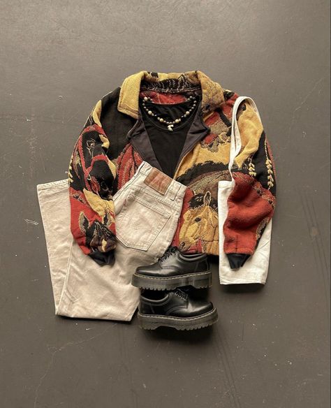 Artsy Fashion Aesthetic, Vintagecore Outfits, Springy Jeans, Vintage Winter Outfit, Granola Style, Grunge Outfit, Street Fashion Men Streetwear, Mens Outfit Inspiration, Fire Fits