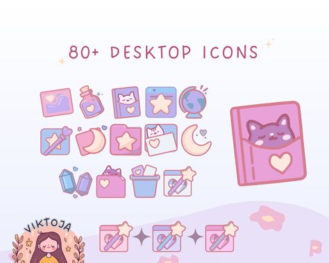 Pastel Aesthetic Icons, Desktop Icons Aesthetic, Cute Folder Icons, Free Desktop Icons, Desktop Aesthetic, Kawaii Icons, Cute Desktop, Desktop Themes, Desktop Wallpaper Organizer