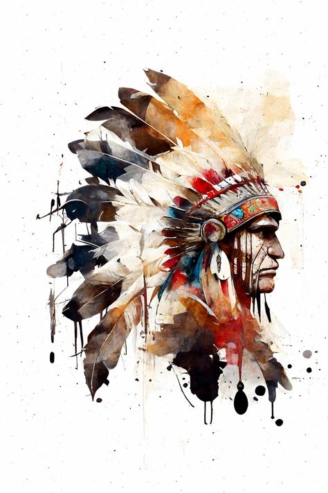 Native American tribal ethnic print watercolor. Add a touch of culture to your home with this stunning print of a Native American chief Native American Chief Painting, American Indians Art, Native American Wallpaper Backgrounds, Native American Art Drawings, Native American Chief Tattoo, Native American Background, Native American Aesthetic, Native Indian Art, Native American Wallpaper