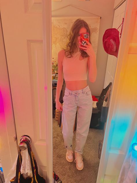 cream tank, american eagle jeans, and washed pink jordan 1 retro high og 💗 Pink Jordans, Female Outfits, Jordan 1 Retro High, Jordan 1 Retro, American Eagle Jeans, Jordan 1, American Eagle, Jordan, Cream